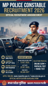 MP Police Constable Driver Recruitment 2026: मध्य प्रदेश पुलिस आरक्षक (चालक) भर्ती का नोटिफिकेशन जारी, जानें योग्यता, दौड़ और आवेदन प्रक्रिया